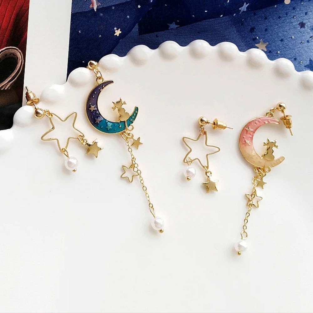 Gold Plated pink or blue star moon cat drop earrings choose 1 Pair